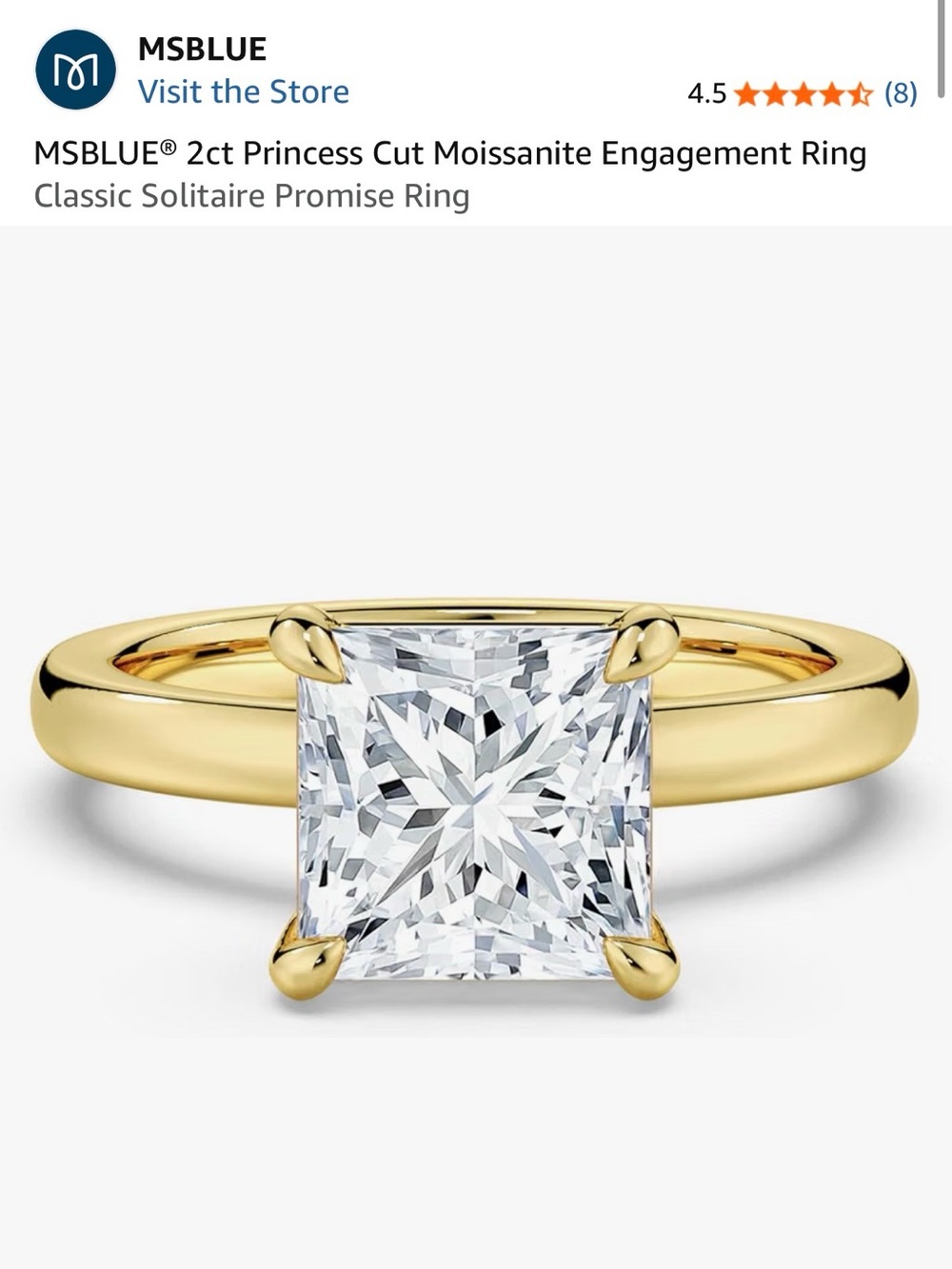 MSBLUE® 2ct Princess Cut Moissanite Ring